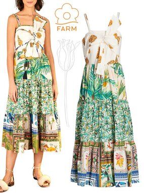Farm Rio Mixed Tropical Prints Midi Dress Bow Top Animal Tropical